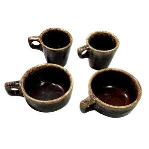 HULL BROWN DRIP SOUP MUGS COFFEE MUGS SET OF 2 EACH STONEWARE OVENSAFE USA